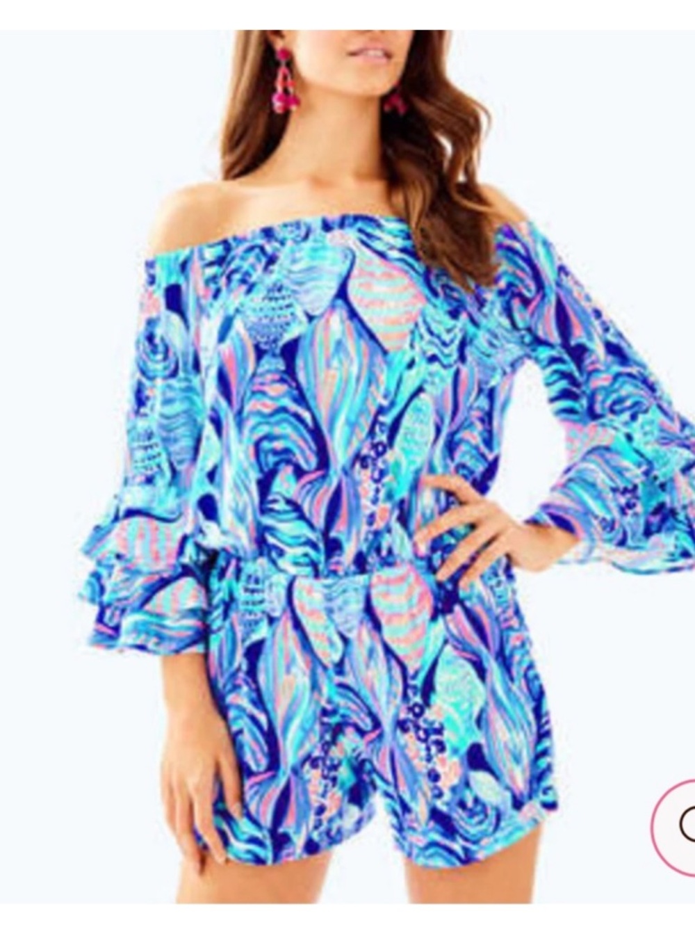 Lilly Pulitzer Blue & Pink Off-Shoulder One-Piece Calla Romper